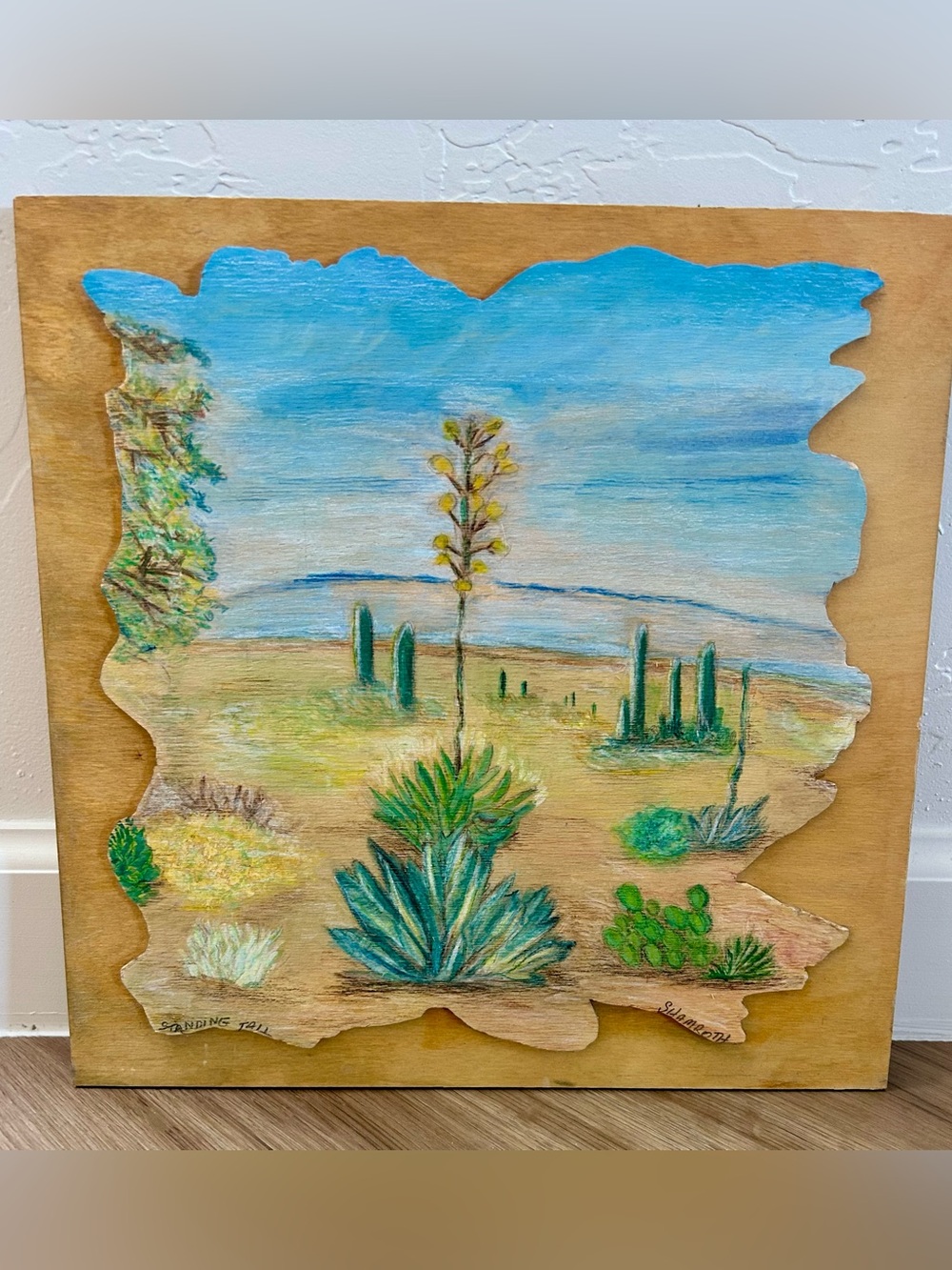Sherry Shamroth Signed Original Desert Art Colored Pencil Live Edge Wood 12x12